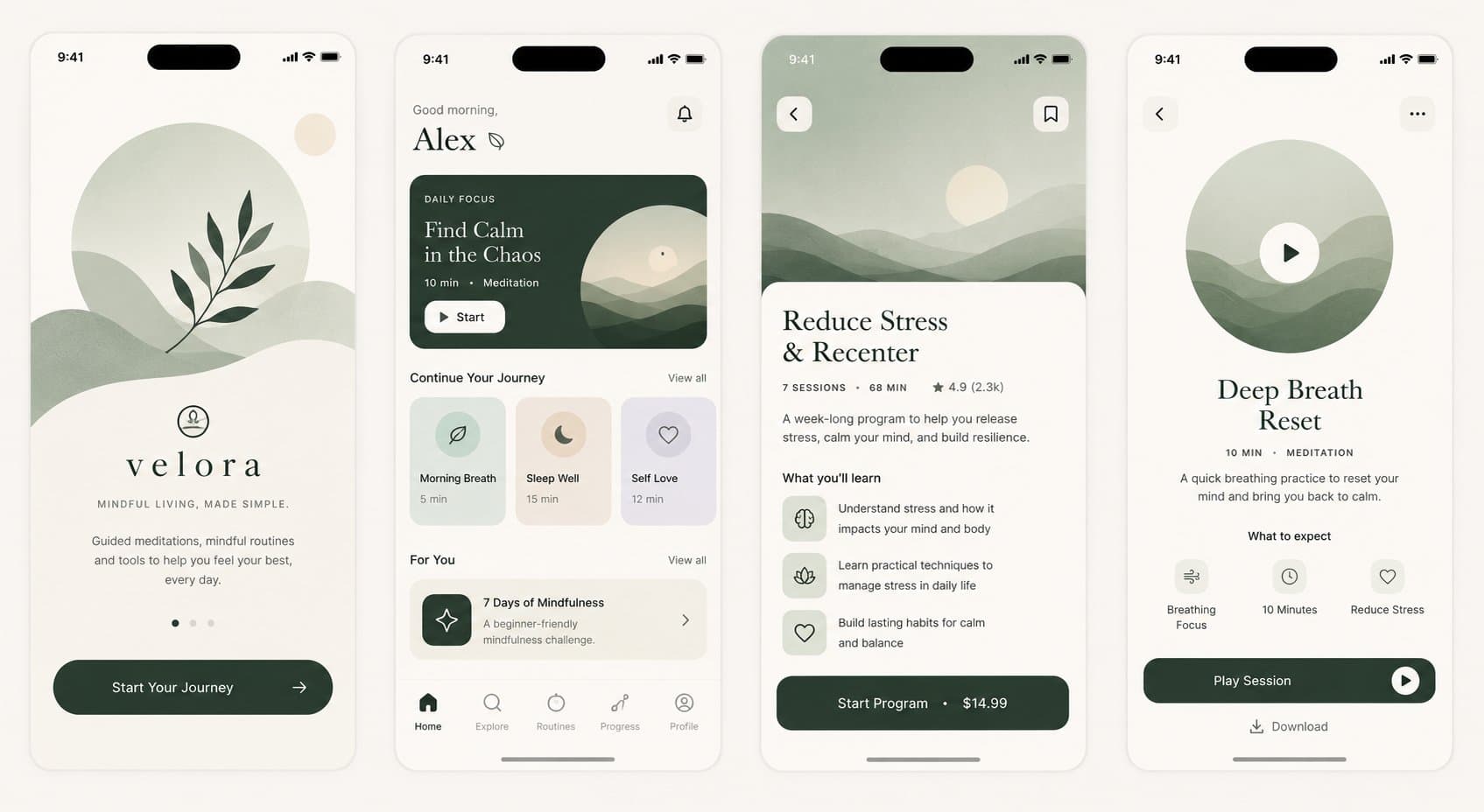 Velora Mindfulness App UI Mockup