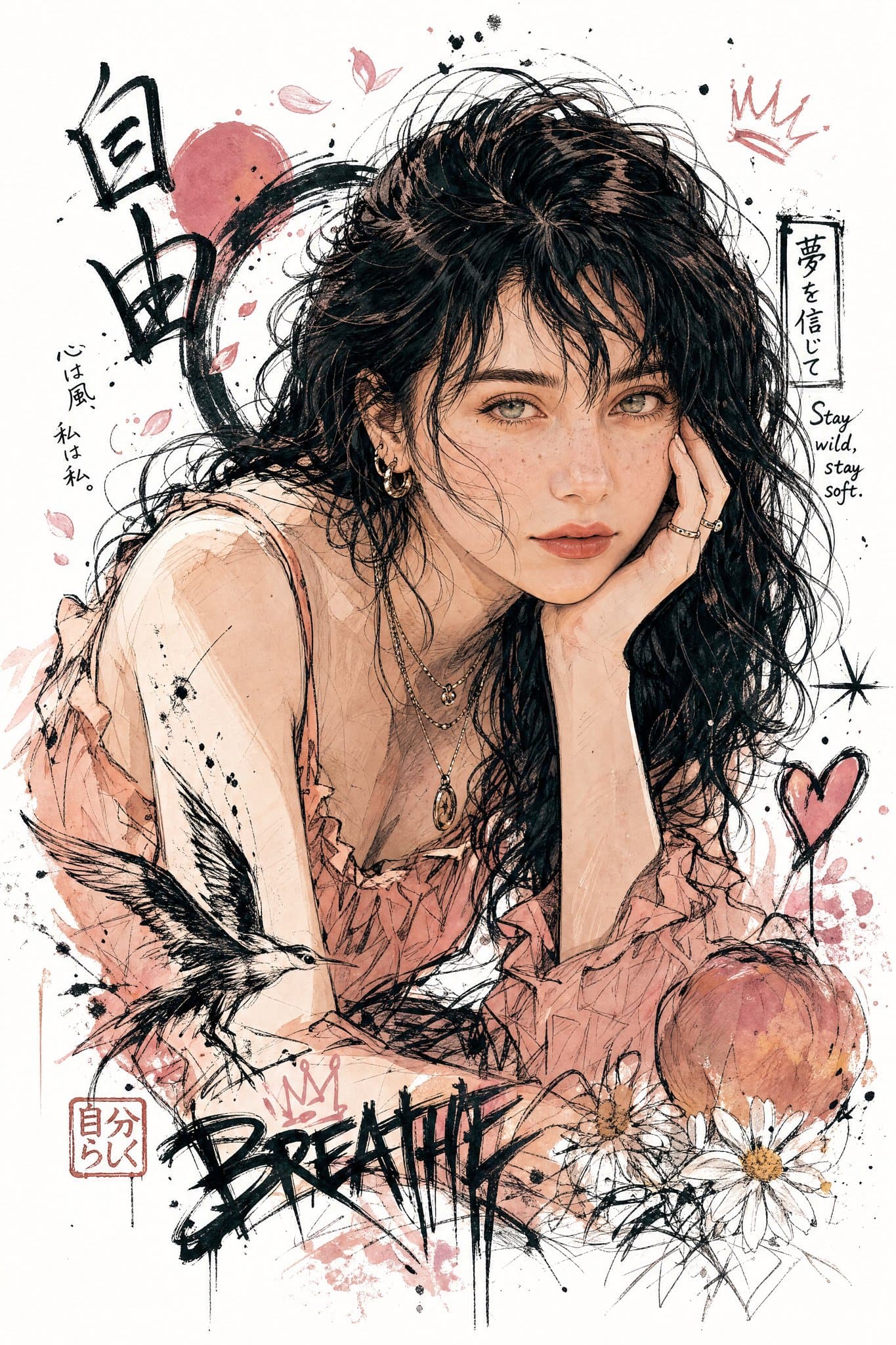 Japanese ink illustration with pastel graffiti
