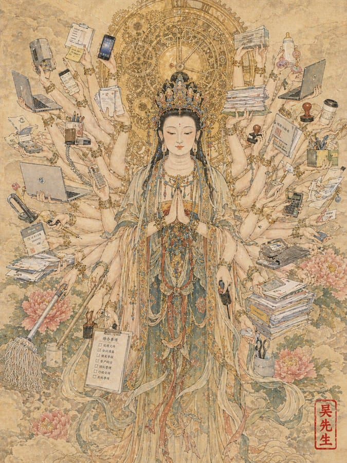 Thousand-Armed Guanyin as an Overworked Office Worker