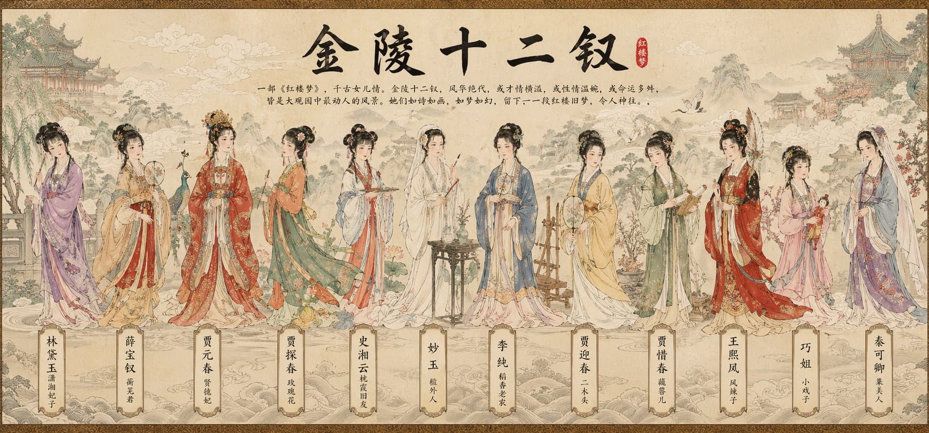 Traditional Chinese Gongbi Eight Immortals Long Scroll Illustration