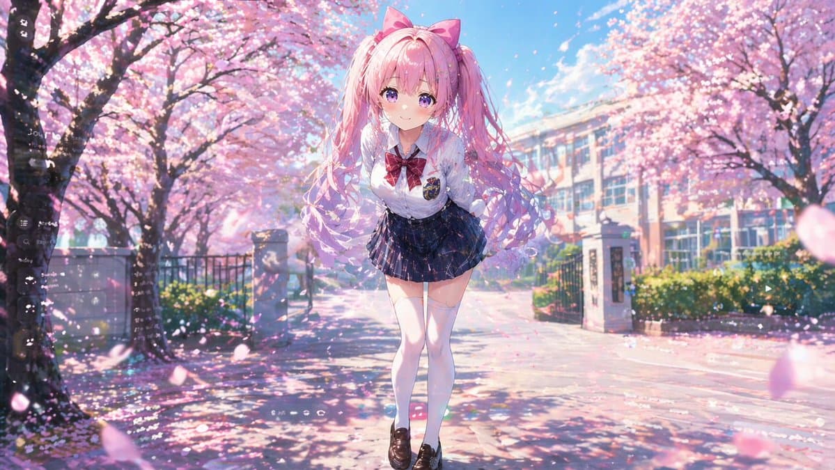 Shy Twin-Tailed Girl Under Cherry Blossom Tree