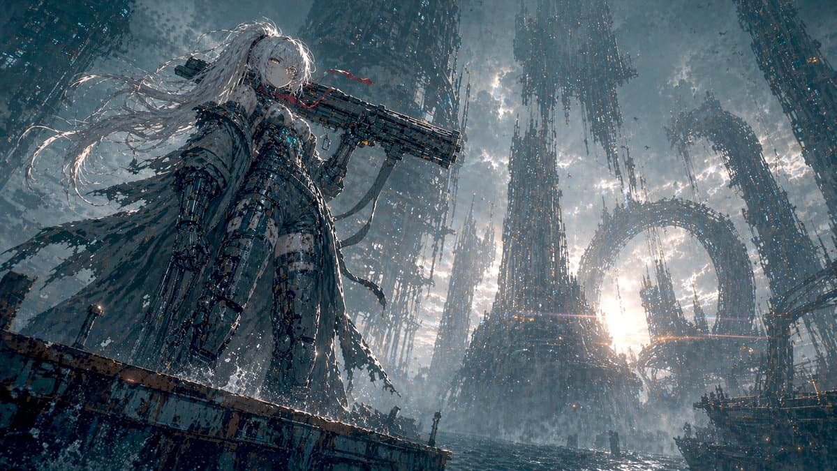 Mecha Girl Stands in a Derelict Sea-City