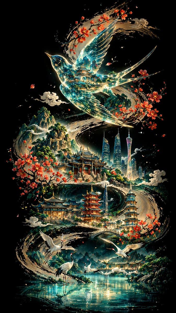 Glass Transparent Thrush Dancing over Guangzhou Ink Scroll