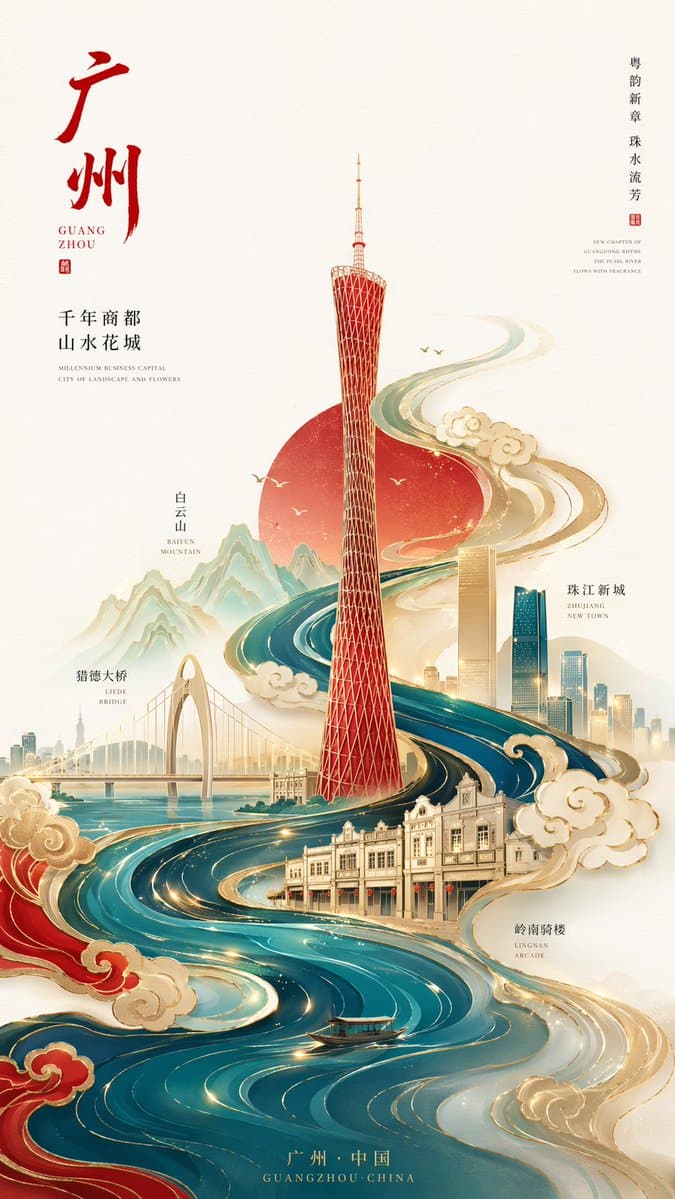 Minimalist Guochao Gilt Canton Tower Poster