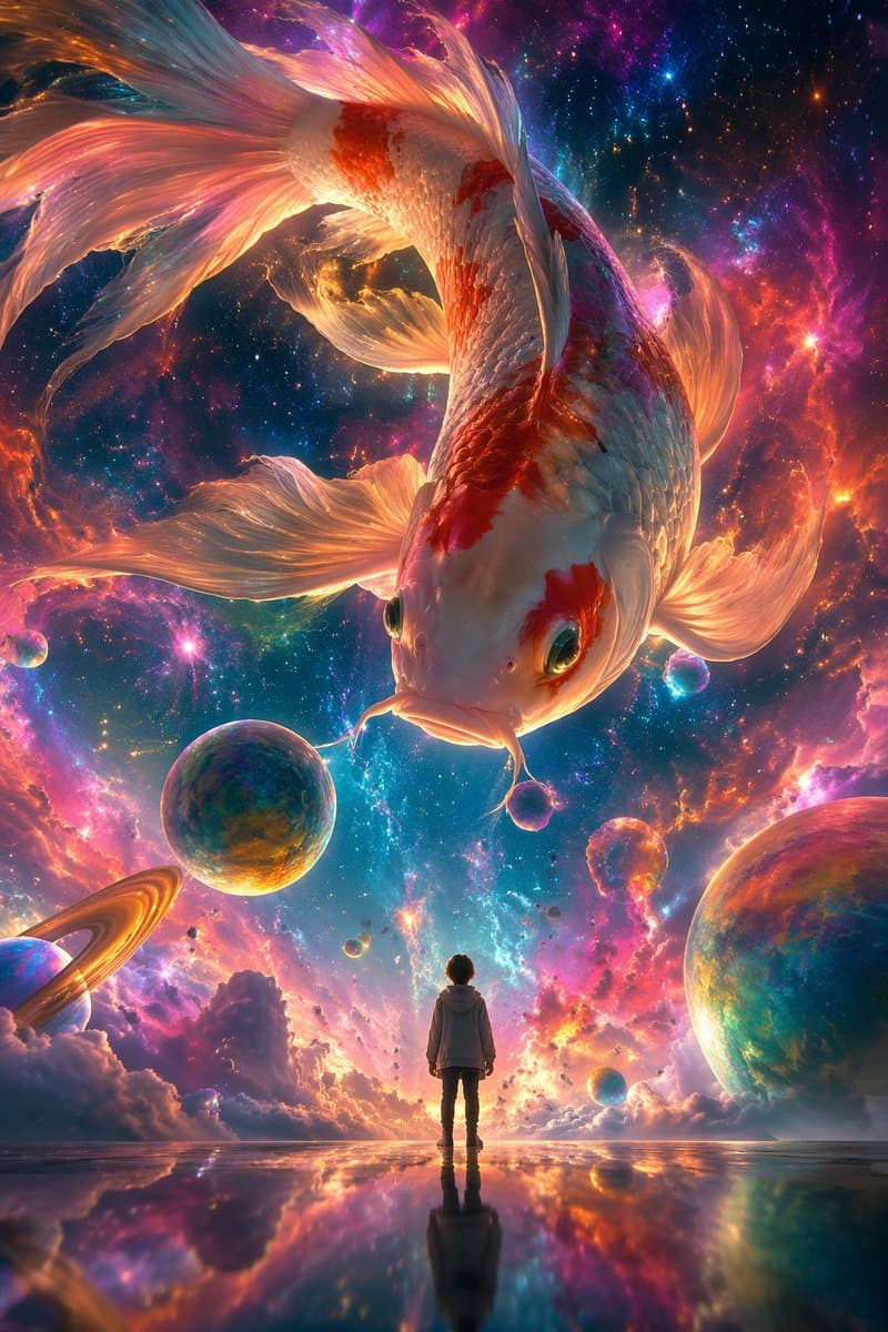 Fantasmic Dialogue Between a Nebula Giant Koi and a Tiny Figure
