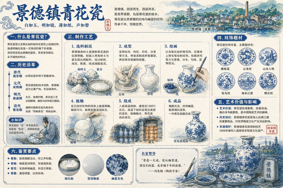 Jingdezhen Blue and White Porcelain Panoramic Explanation Diagram