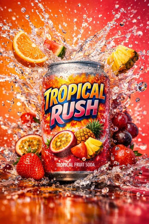 Dynamic Soda Splash Commercial Poster Under Vibrant Neon Lighting