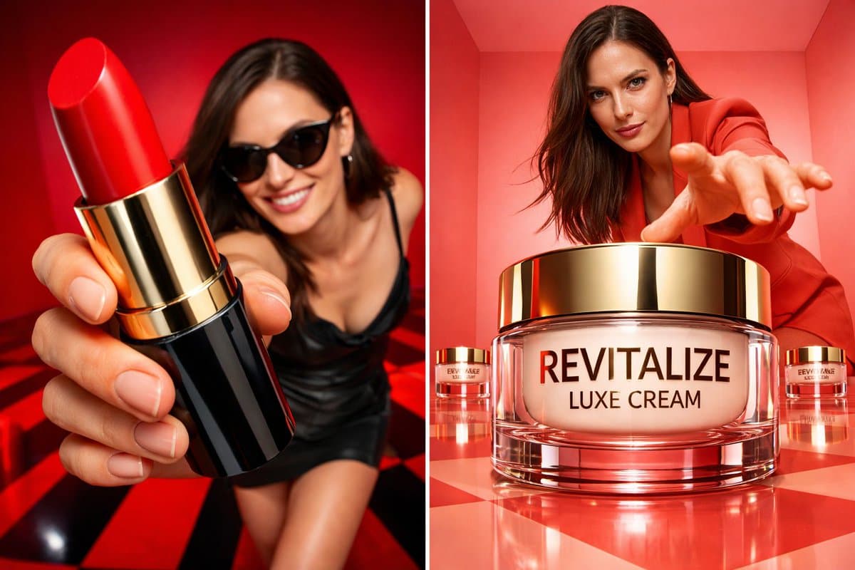 Stunning Visual Deep Red Studio Wide-Angle Beauty Campaign