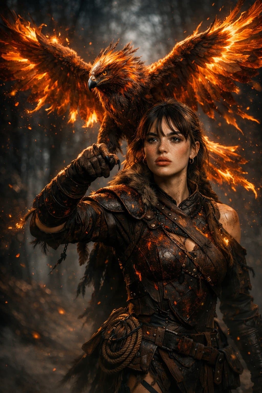 Ember-Armored Falconer and the Blazing Divine Bird