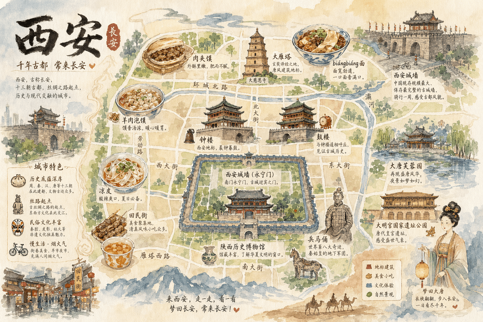 Xi'an Hand-drawn Watercolor City Map