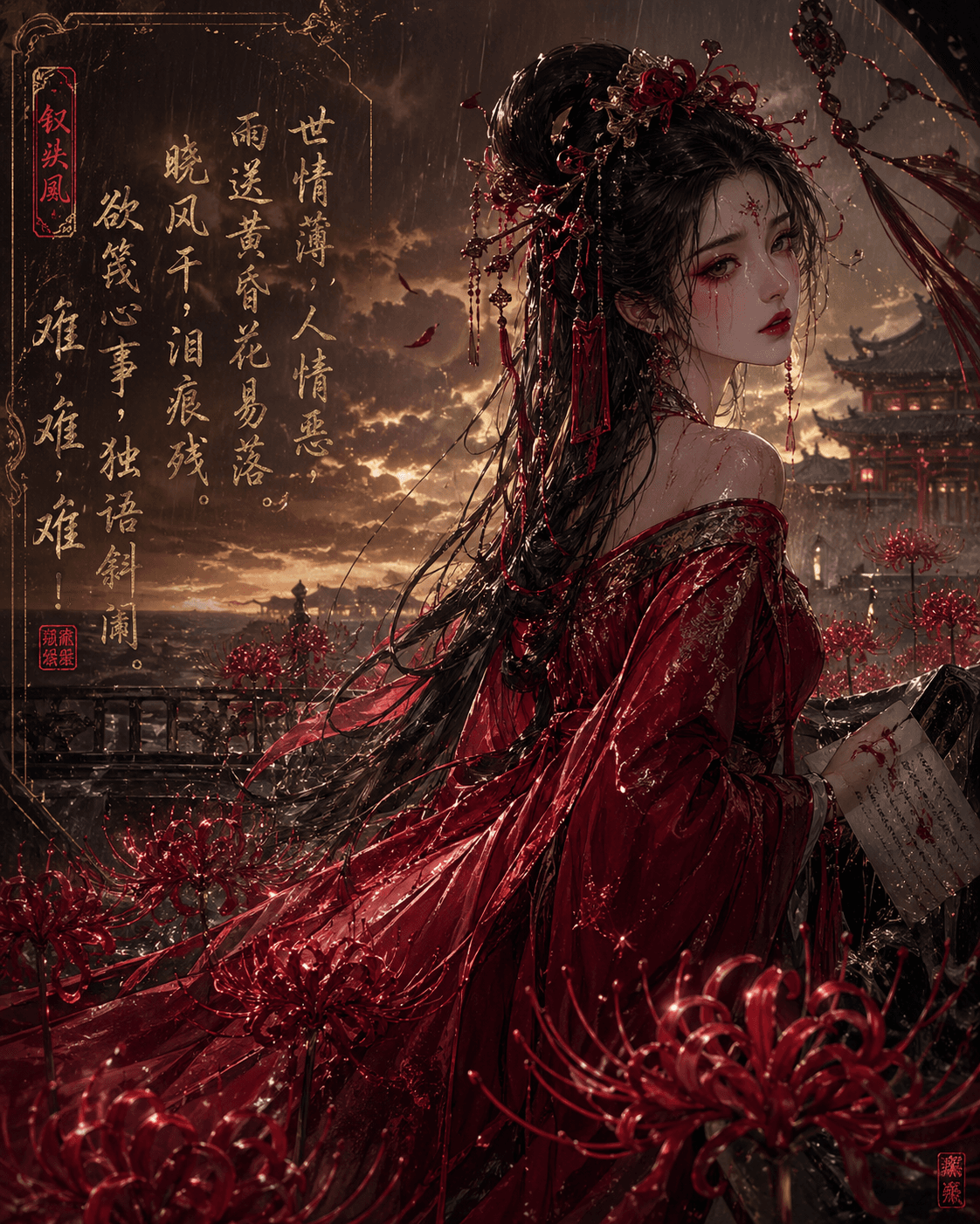 A Woman in Red Makeup Amidst a Field of Red Spider Lilies