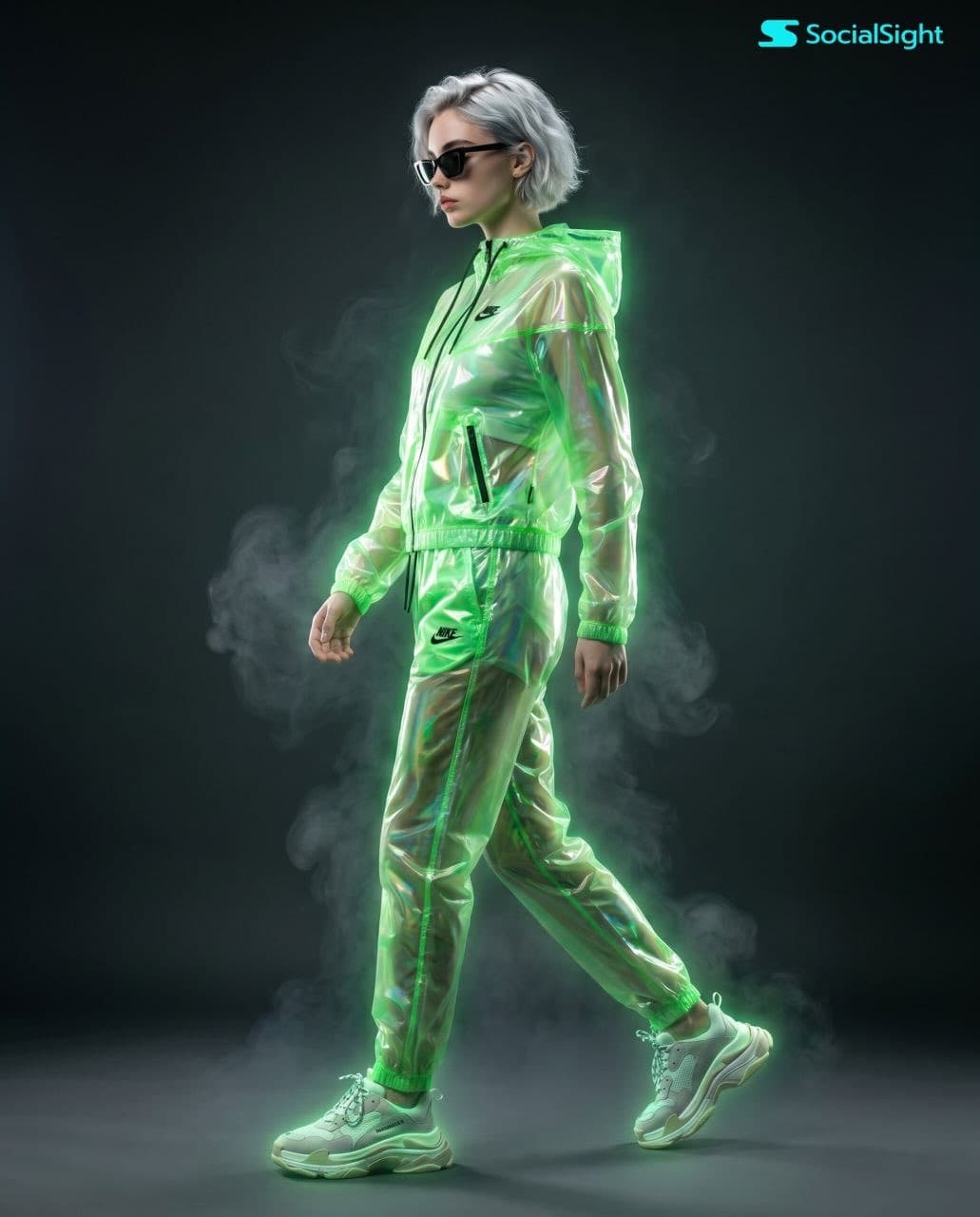 cyberpunk holographic neon fashion editorial
