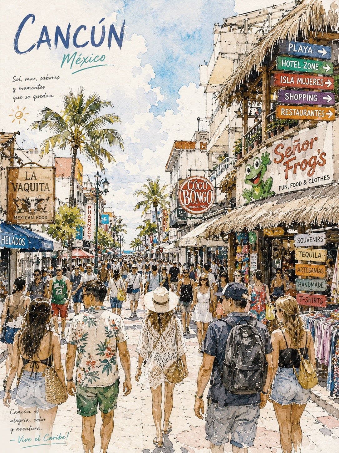 Watercolor Tropical Travel Poster Scene