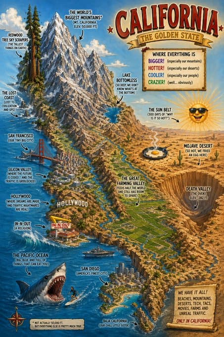 Exaggerated California Map with Regional Traits