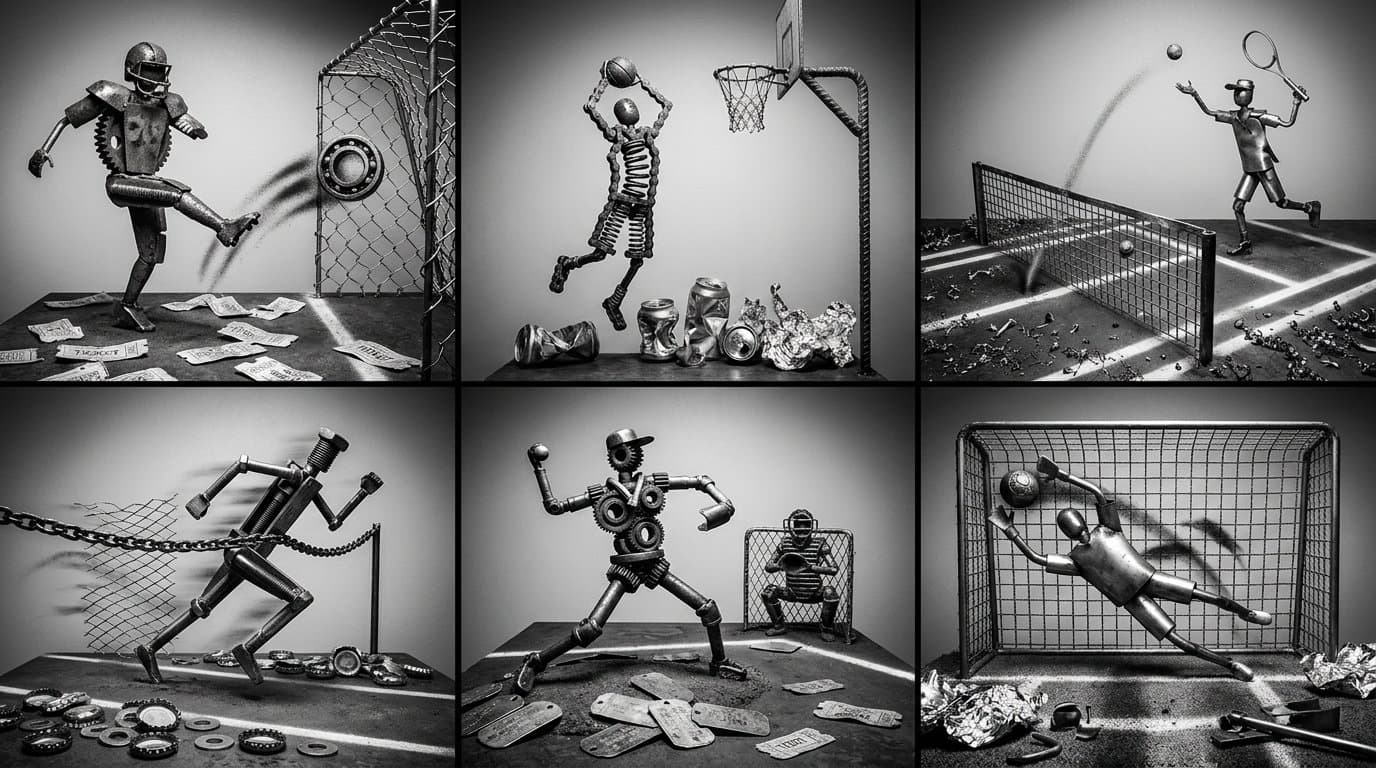 Scrap metal sports dioramas monochrome industrial