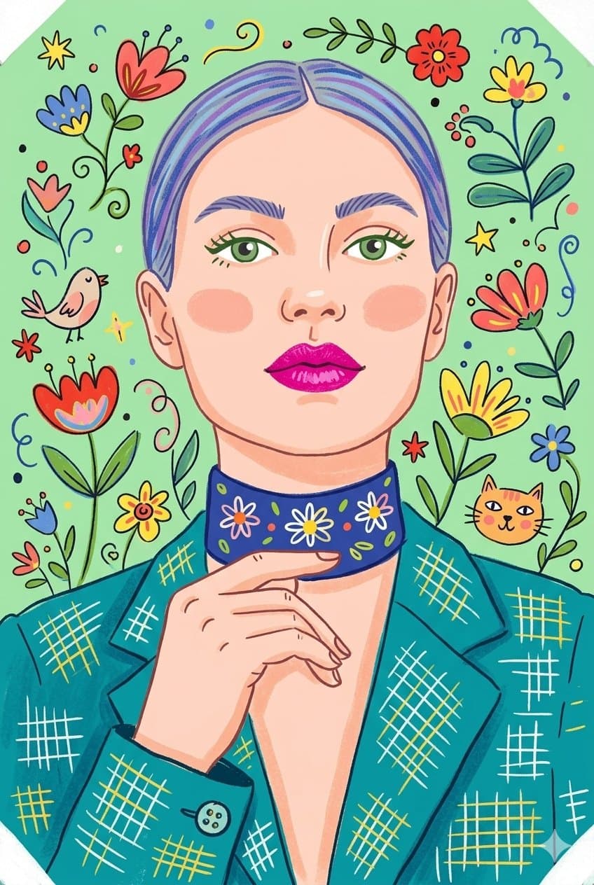 Whimsical folk-art doodle studio scene