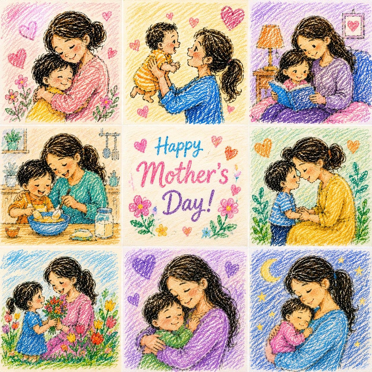 crayon-style mothers day celebration illustration