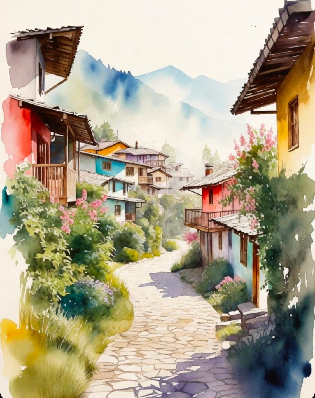 Misty Mountain Village Watercolor Dawn Path