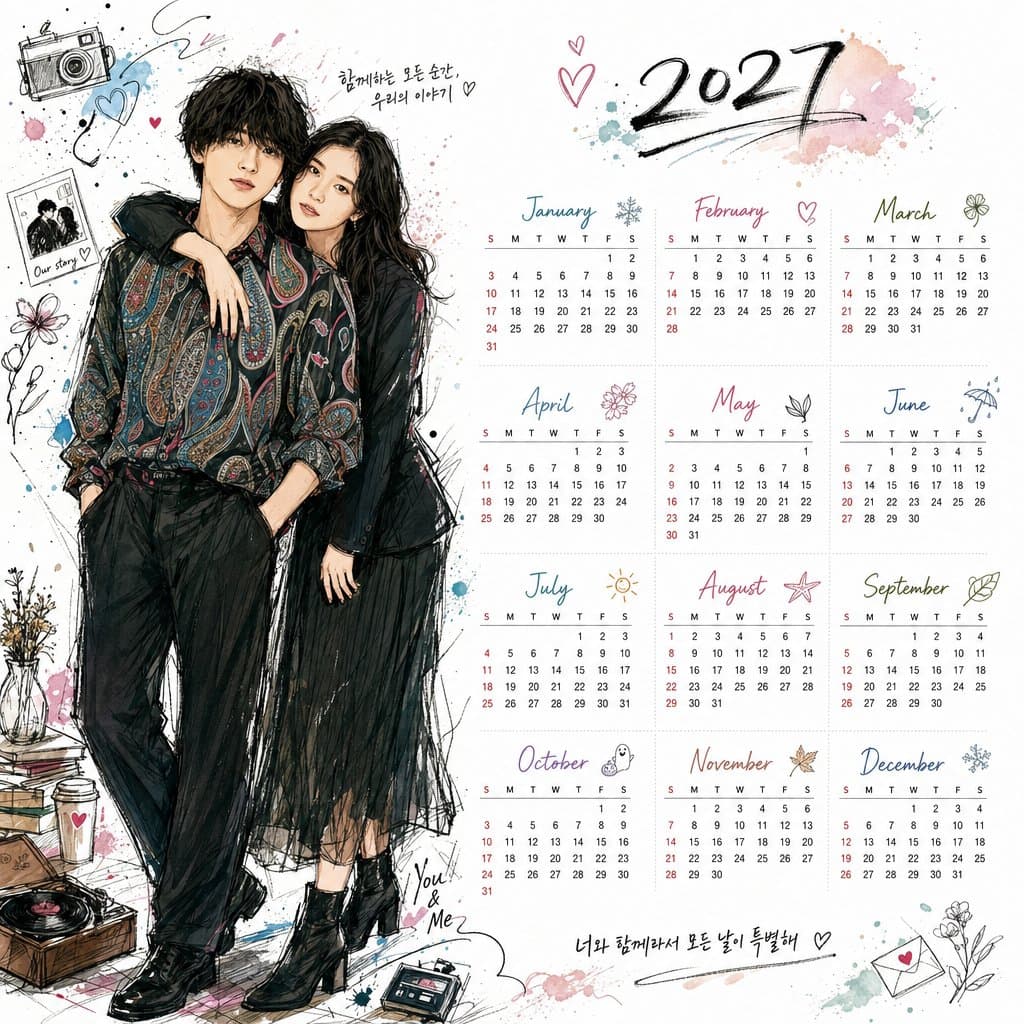 Korean illustration style desktop calendar prompt