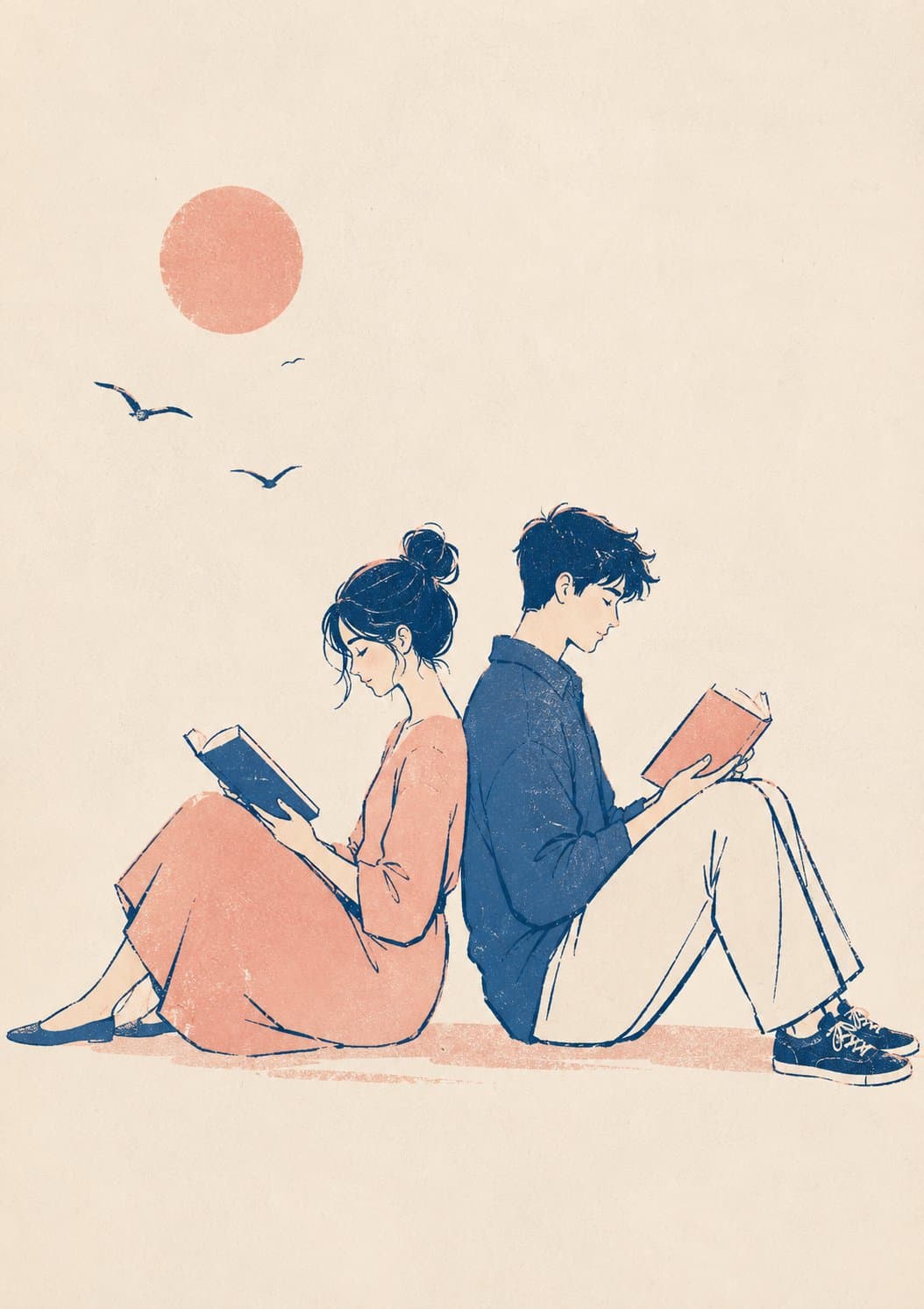 Woodblock Style Couple Reading Back-to-Back