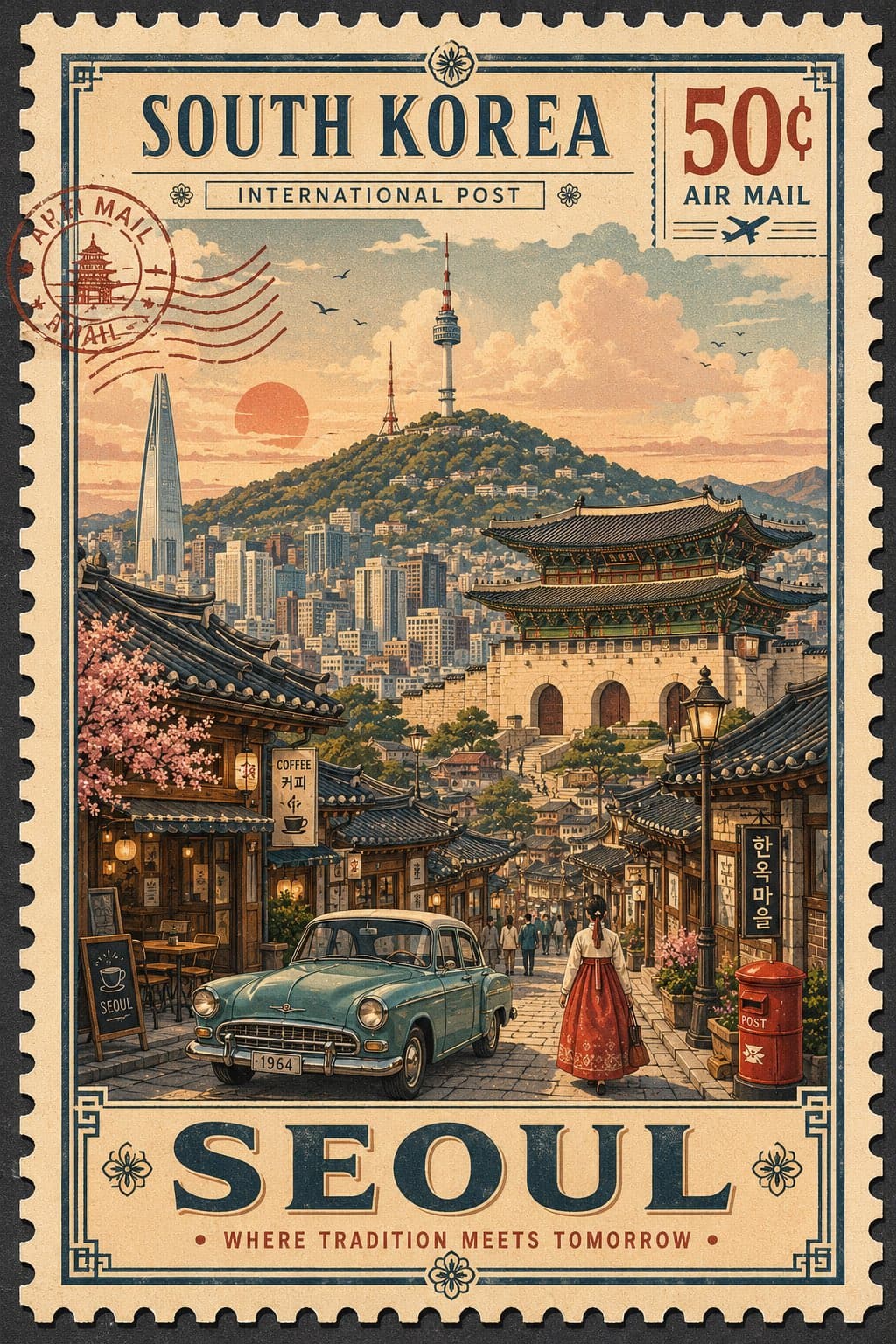 Vintage Postage Stamp Travel Illustration