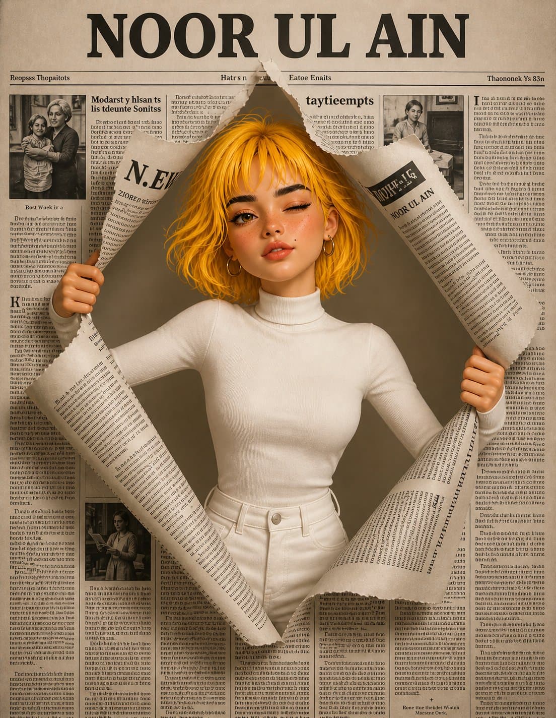 Stylized 3D cartoon girl emerging from newspaper
