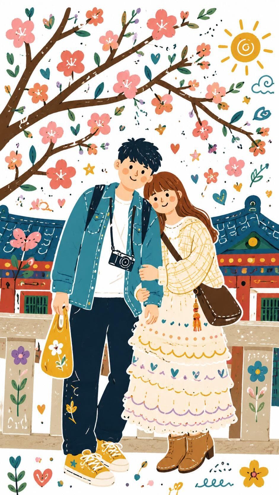 Decorative Folk Flat Illustration with Doodle Elements