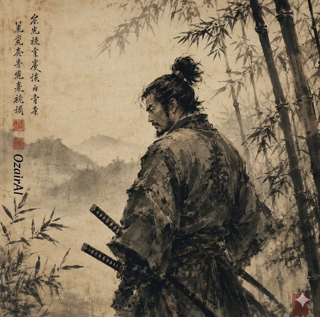 Sumi-e Ink Wash Samurai in Bamboo Forest