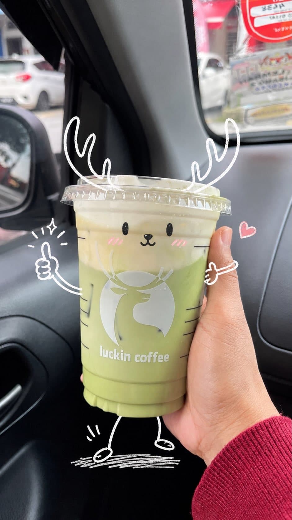 Pastel matcha latte car doodle