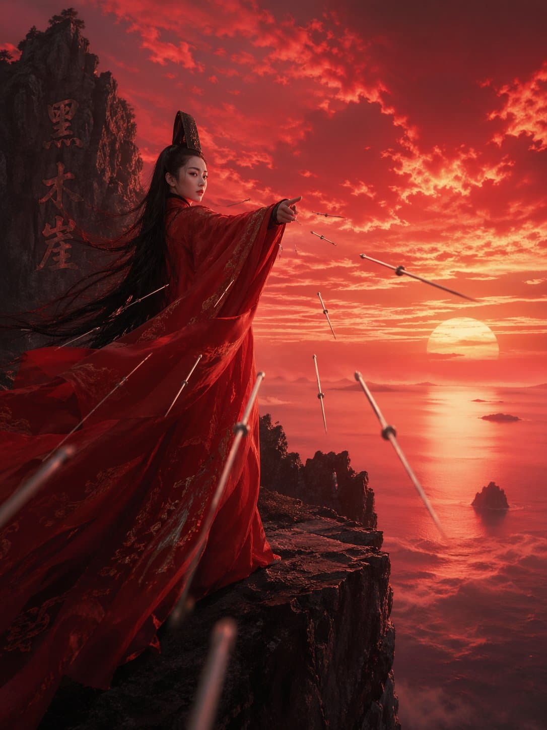 Invincible East with Embroidery Needle, Red Robes, Long Hair, Blackwood Cliff Sunset